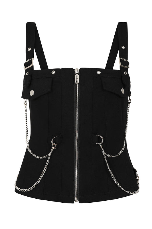 Black Chain Detail Zip Front Top | Banned Apparel
