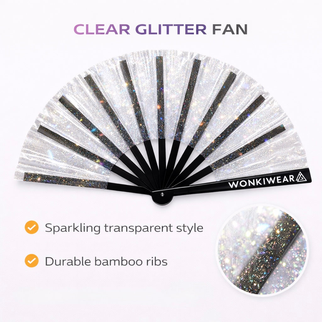Transparent Clear Disco Glitter XL Festival Fan