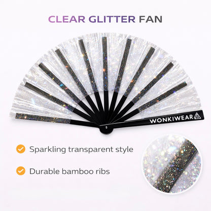 Transparent Clear Disco Glitter XL Festival Fan