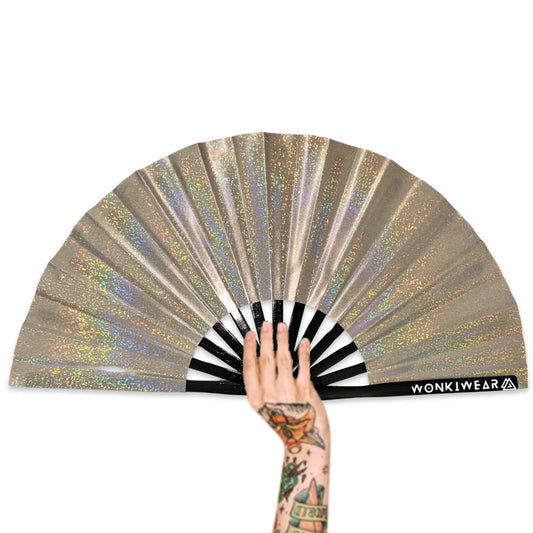 XL Foldable Hand Fan - Galaxy Range, Jupiter Holographic Metallic Champagne