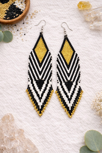 Black, Gold & White Beaded Fringe Earrings