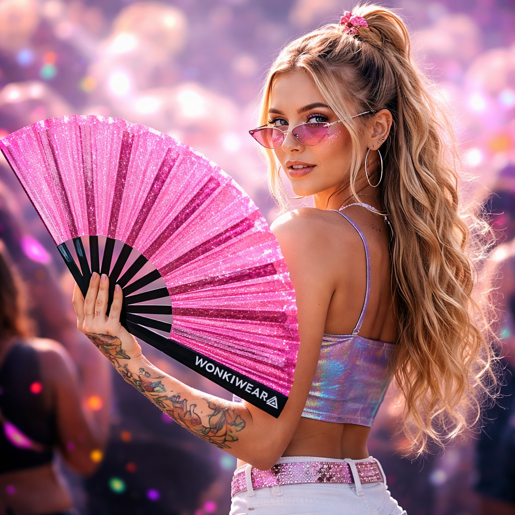 Transparent Pink Disco Glitter XL Festival Fan