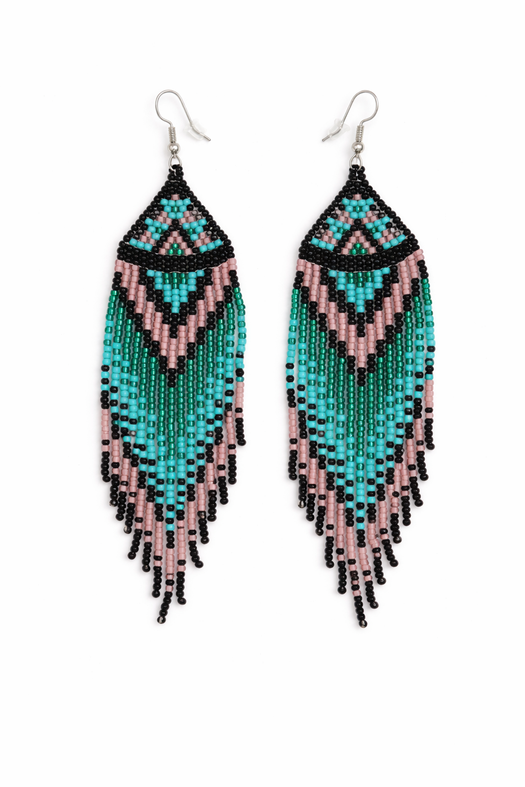Turquoise & Dusky Pink Beaded Fringe Earrings