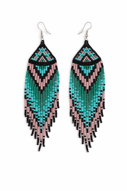 Turquoise & Dusky Pink Beaded Fringe Earrings