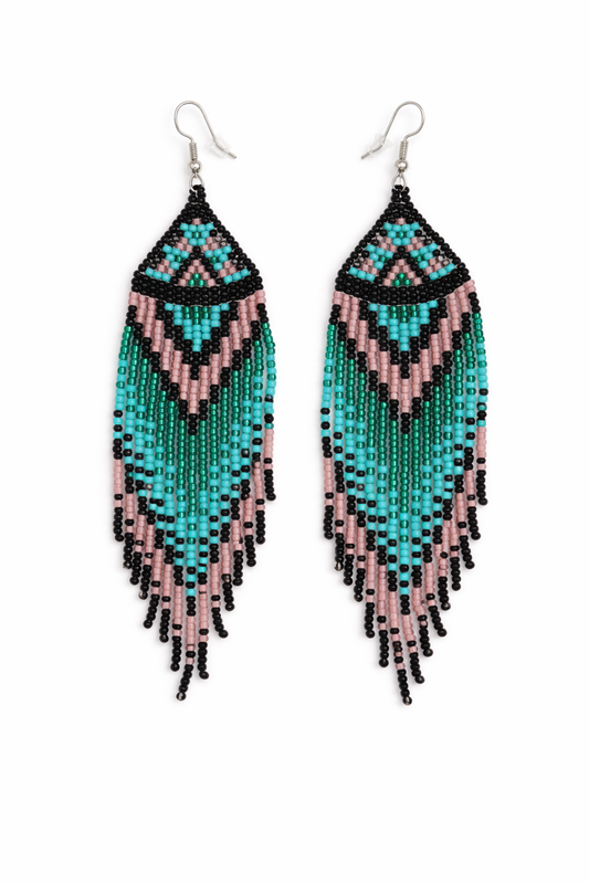Turquoise & Dusky Pink Beaded Fringe Earrings