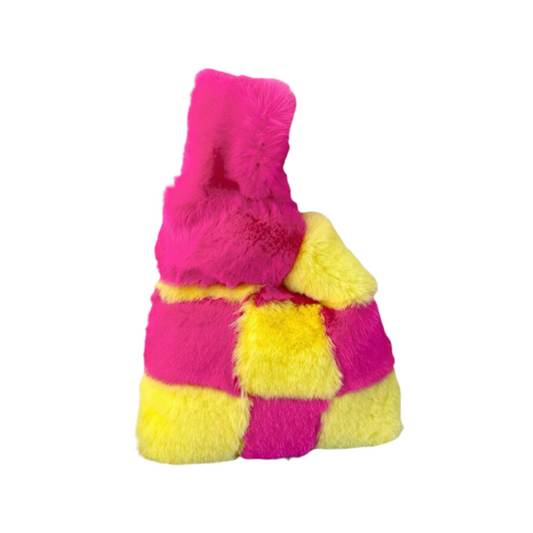 Small Faux Fur Wristlet Tote Handbag - Chequered Hot Pink & Yellow