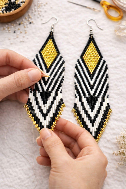 Black, Gold & White Beaded Fringe Earrings