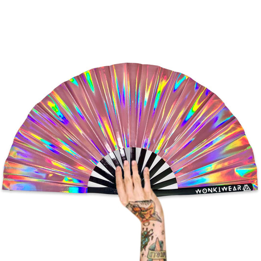 XL Foldable Hand Fan - Galaxy Range, Aurora Iridescent Metallic Pink