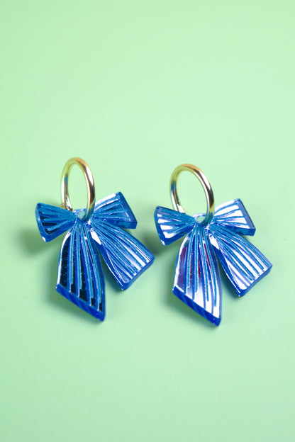 Blue Striped Bow Hoop Earrings | Statement Bow Jewellery
