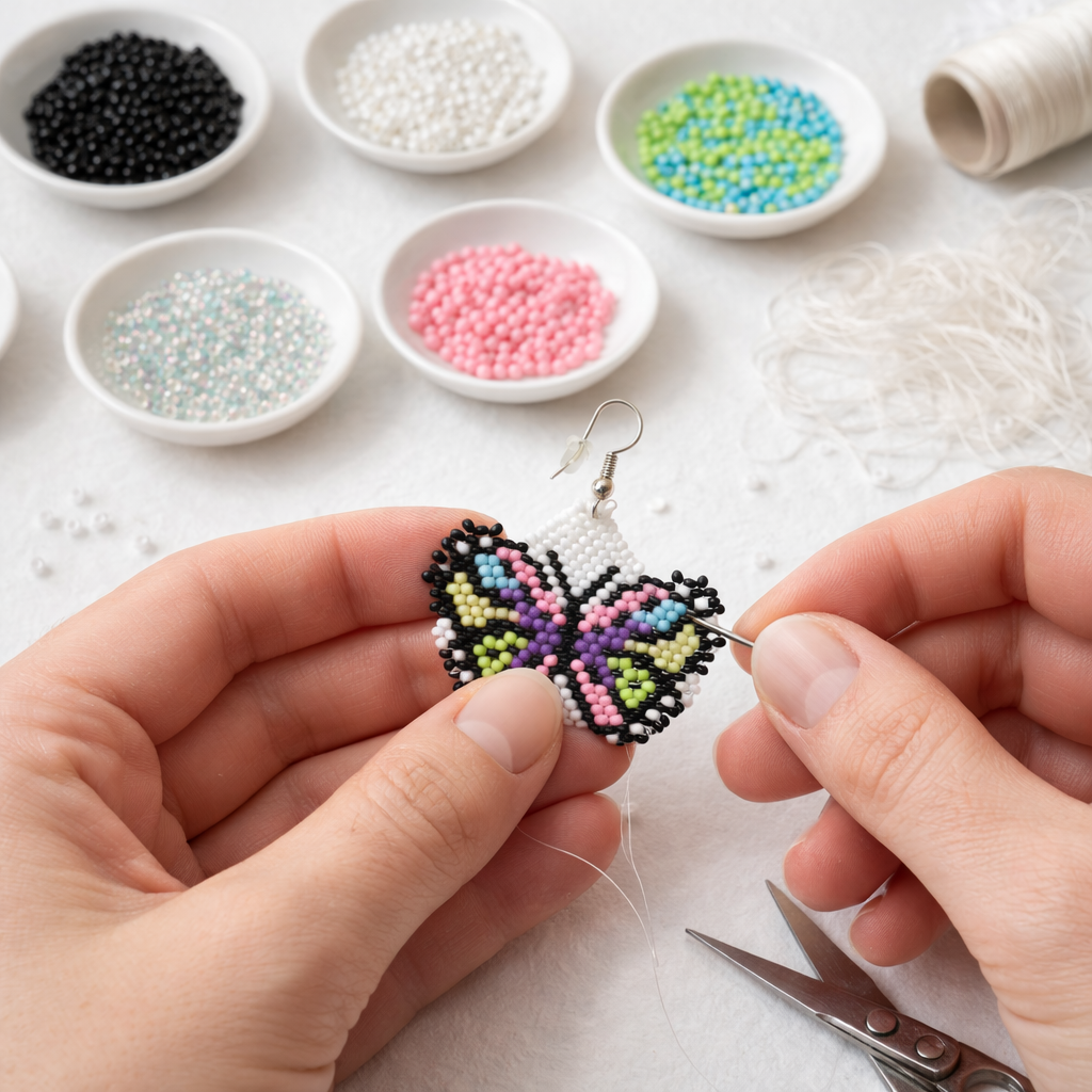 White & Purple Beaded Butterfly Earrings