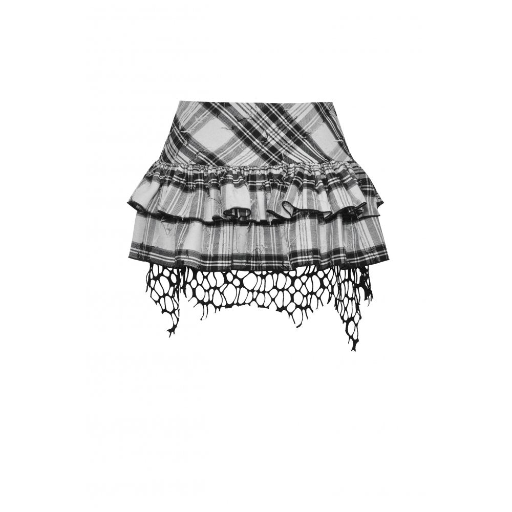 Black & White Checkered Ruffle Mini Skirt with Messy Net Hem | Dark in Love