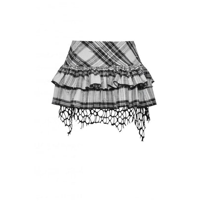 Black & White Checkered Ruffle Mini Skirt with Messy Net Hem | Dark in Love