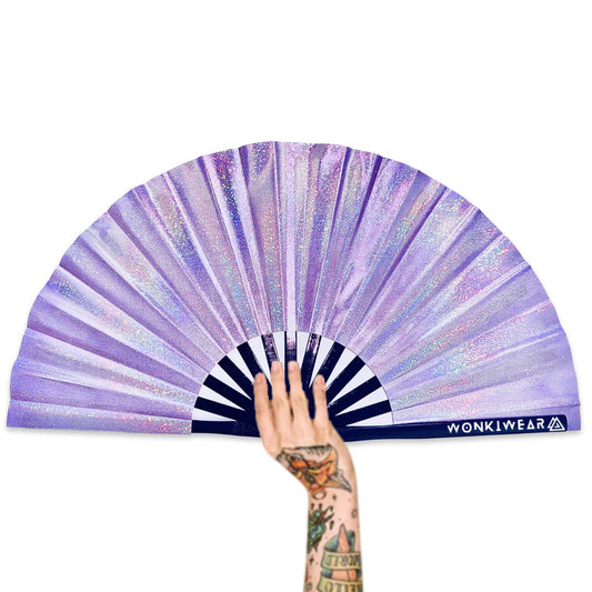 XL Foldable Hand Fan - Galaxy Range, Luna Holographic Metallic Lilac Purple