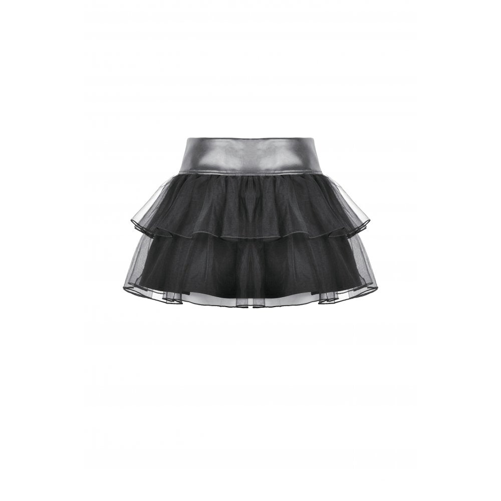 Black Layered Tulle Goth Mini Skirt with Studded PU Waist | Dark In Love