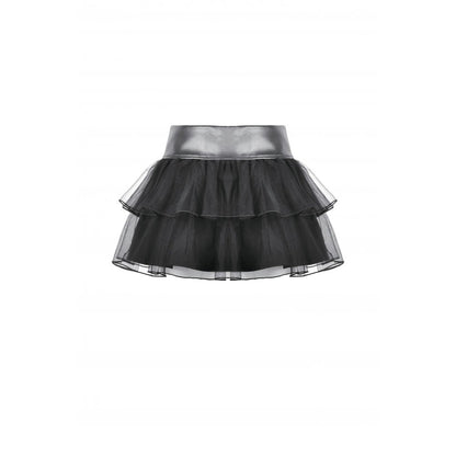 Black Layered Tulle Goth Mini Skirt with Studded PU Waist | Dark In Love