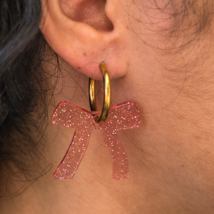 Sparkly Pink Bow Hoop Earrings | Bow Jewellery