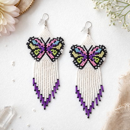 White & Purple Beaded Butterfly Earrings