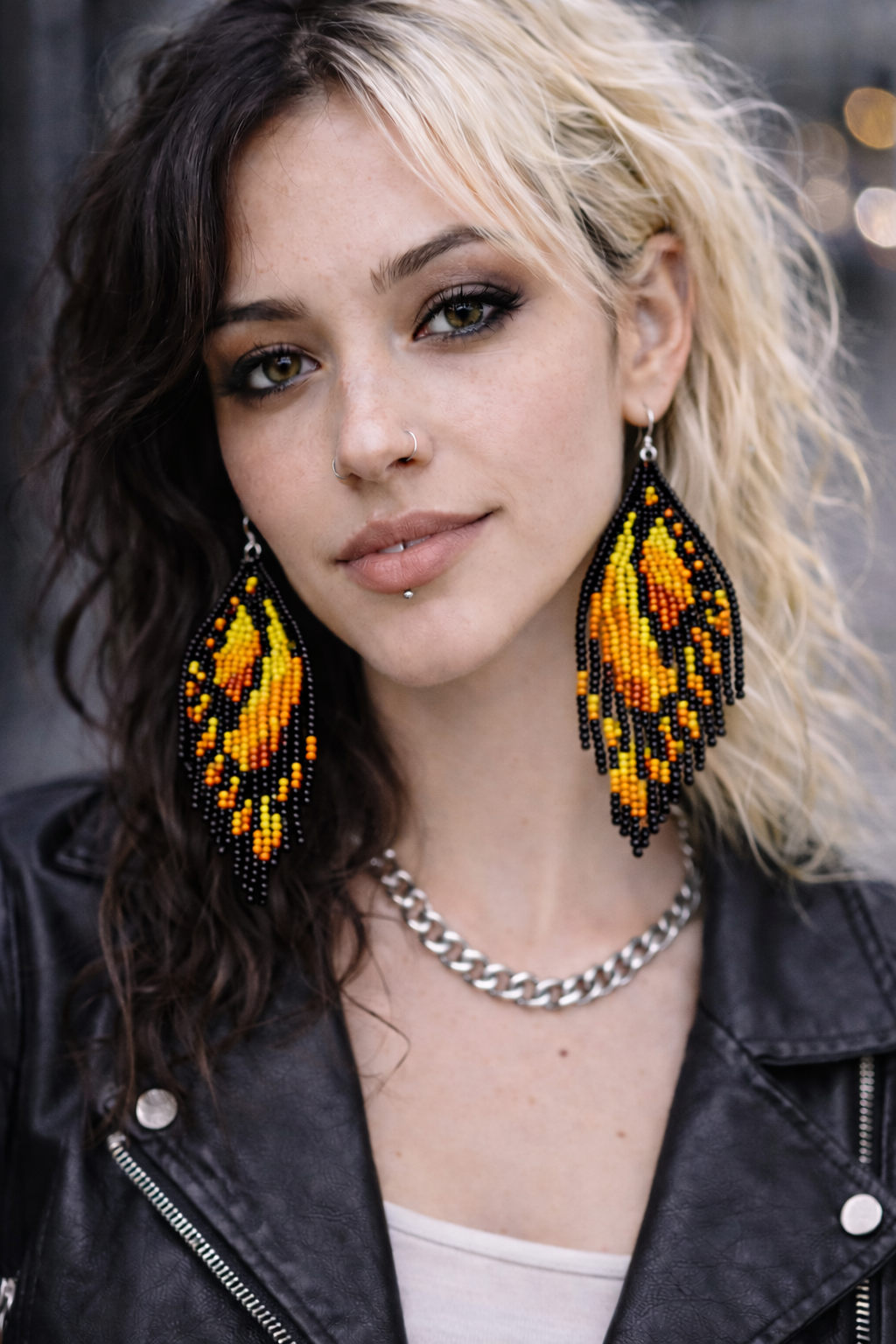Yellow Beaded Butterfly Wing Earrings