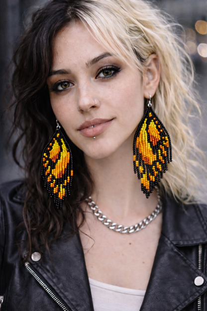 Yellow Beaded Butterfly Wing Earrings
