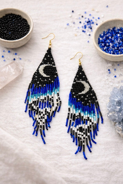 Black & Blue Beaded Moon Fringe Earrings