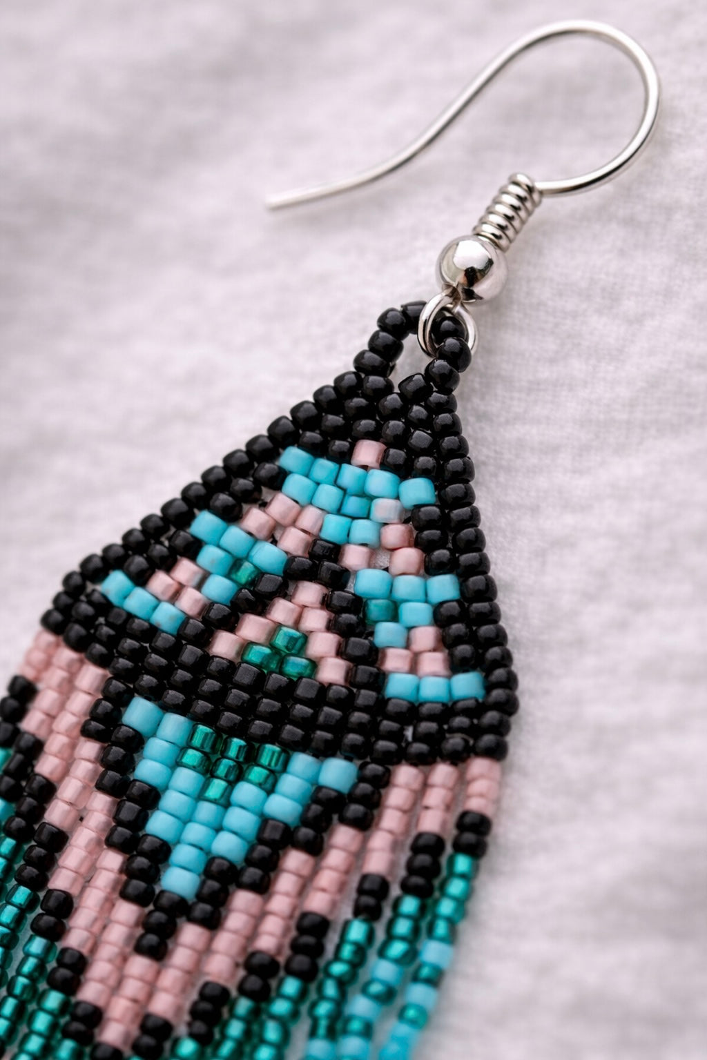Turquoise & Dusky Pink Beaded Fringe Earrings