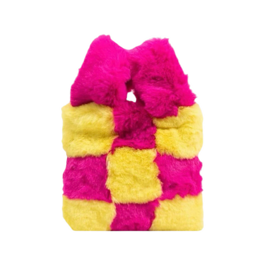 Small Faux Fur Wristlet Tote Handbag - Chequered Hot Pink & Yellow