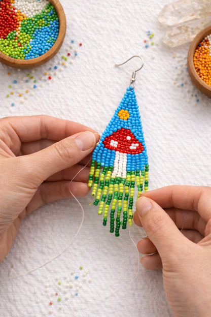 Blue Sky Mushroom Beaded Earrings