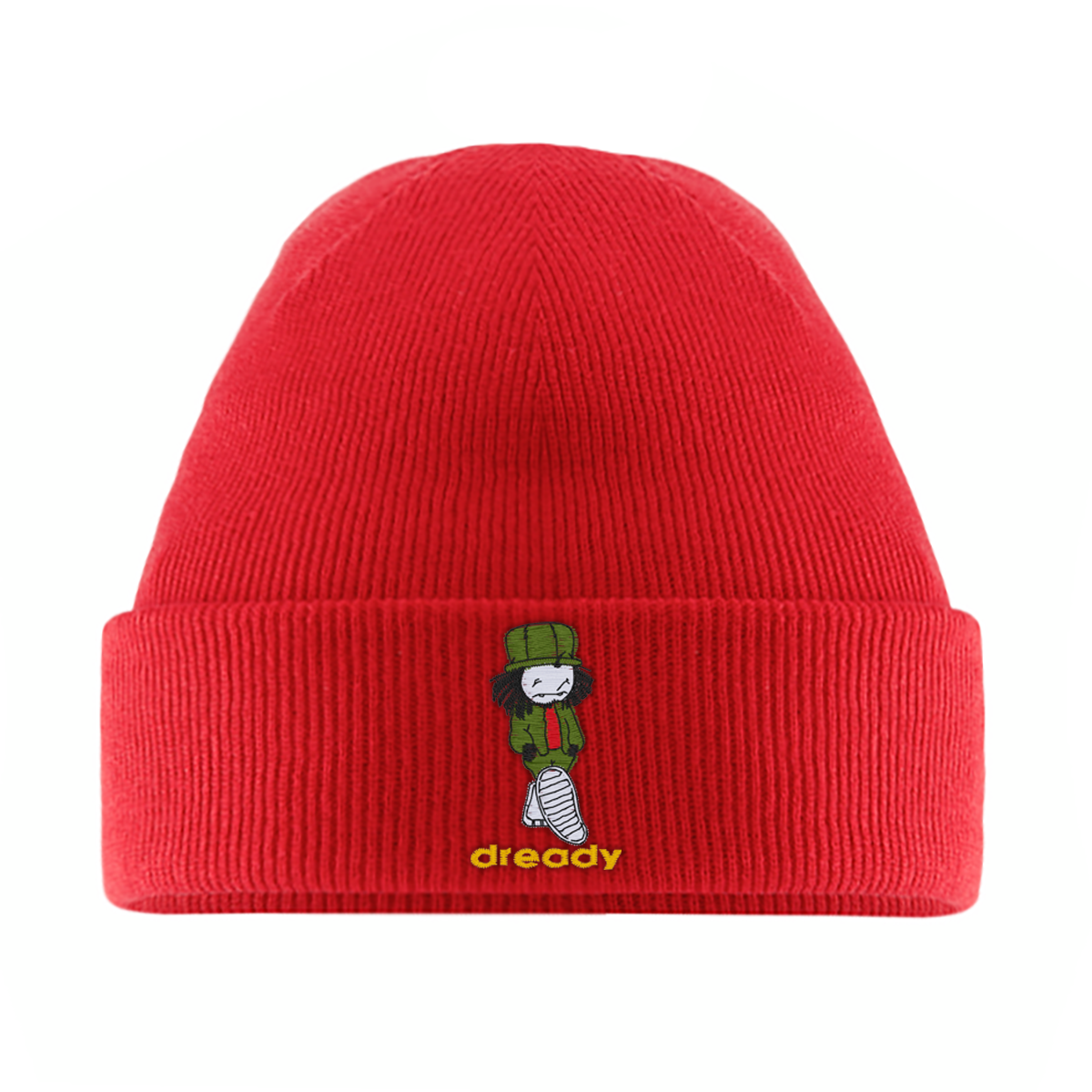 Dready Walking Man embroidered beanie detail.