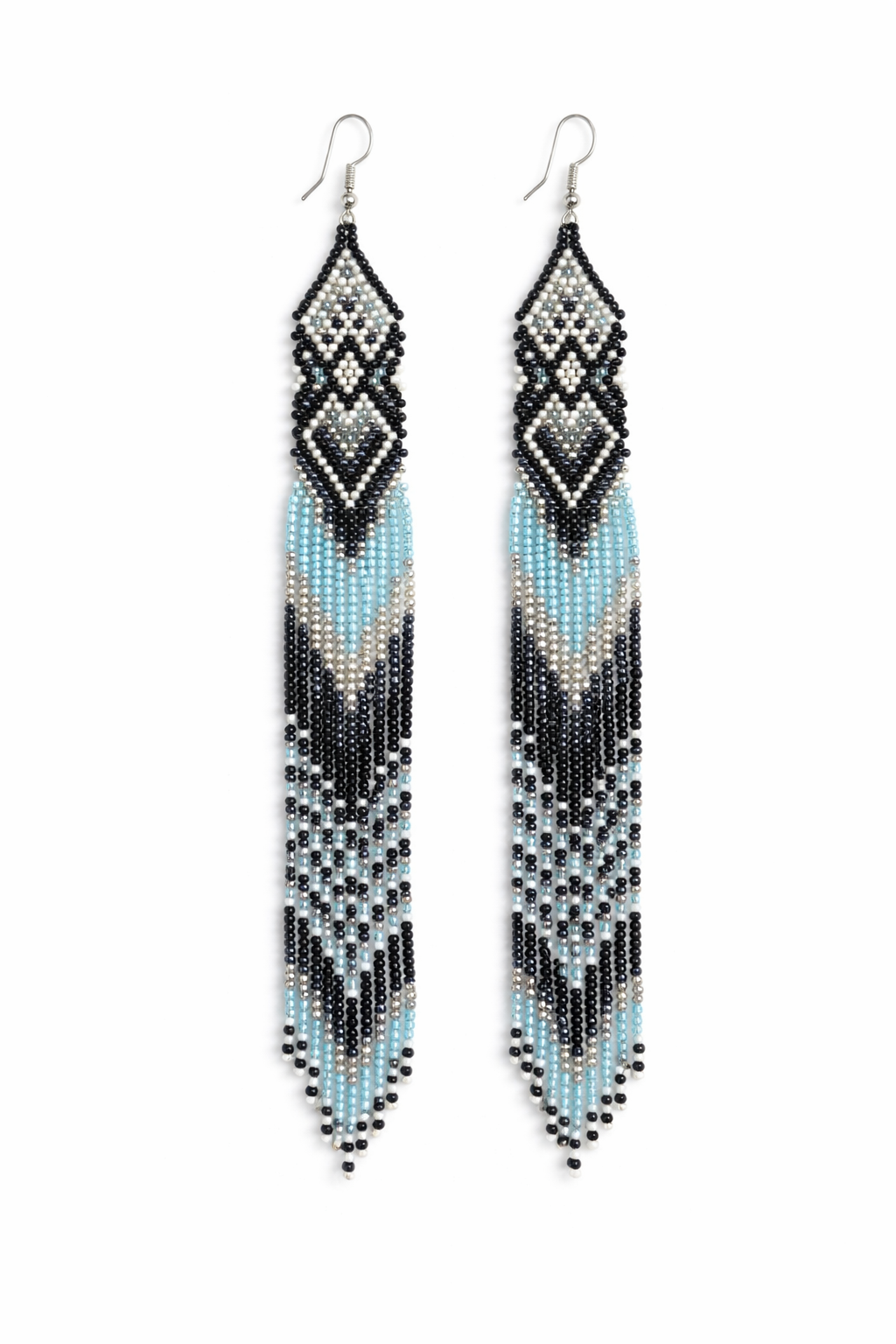 Long Beaded Black White Blue Fringe Earrings