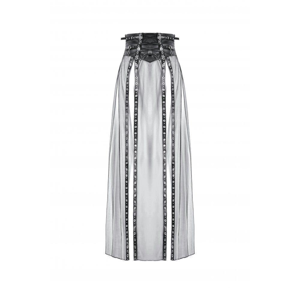 Black Sheer Mesh Maxi Skirt with PU Corset Waist | Dark In Love