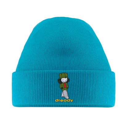 Dready Walking Man beanie detail of the embroidery and knit.