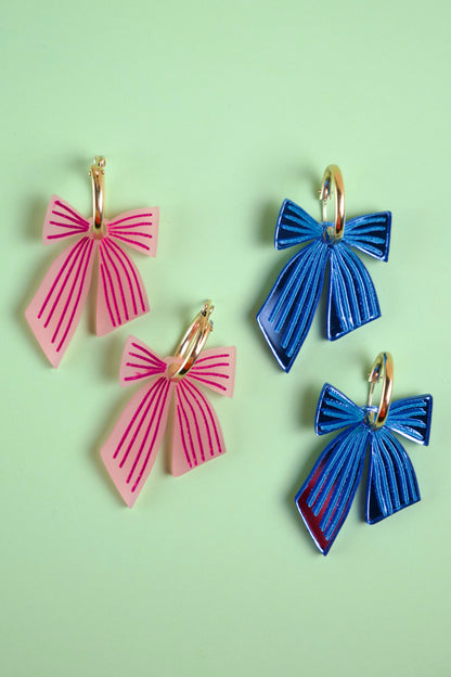 Blue Striped Bow Hoop Earrings | Statement Bow Jewellery