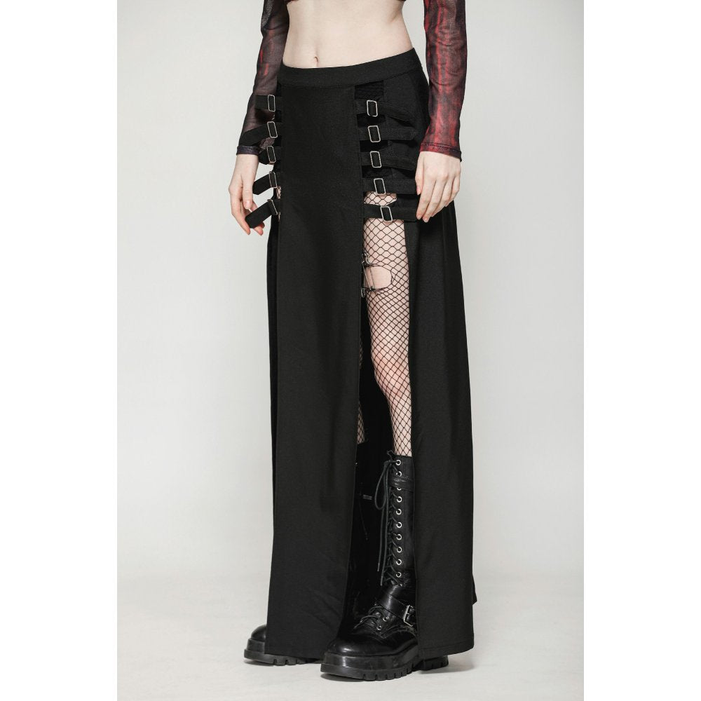 Black Slit Maxi Skirt with Faux Leather Buckle Straps | Dark In Love