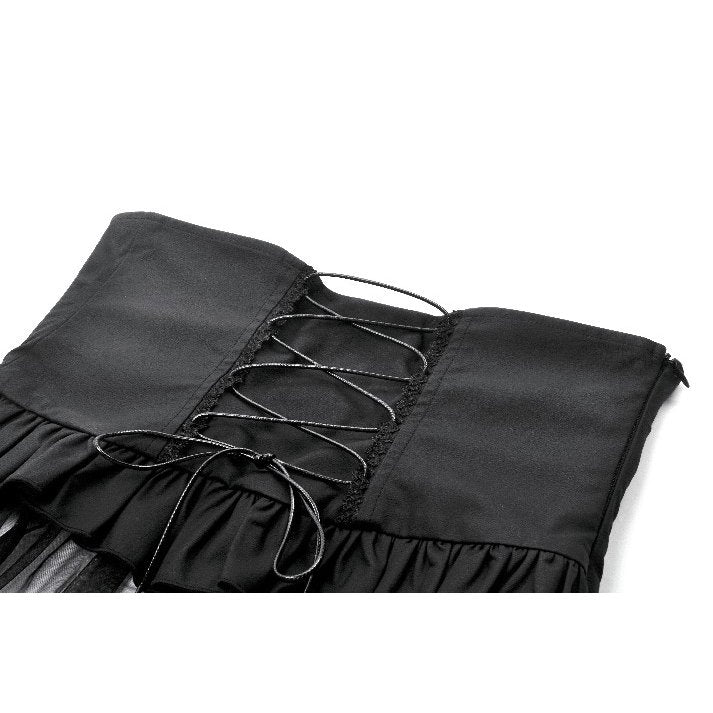 Black Layered Mesh Skirt with Faux Leather Waist Cincher | Dark In Love