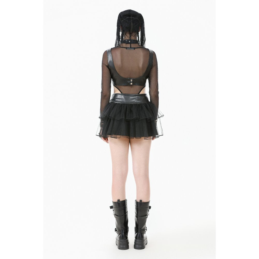 Black Layered Tulle Goth Mini Skirt with Studded PU Waist | Dark In Love