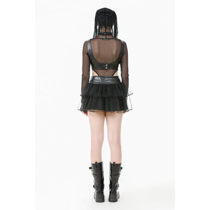 Black Layered Tulle Goth Mini Skirt with Studded PU Waist | Dark In Love
