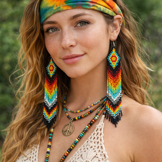 Beaded Earrings - Handmade Hypoallergenic Ethnic Extra Long Fringe