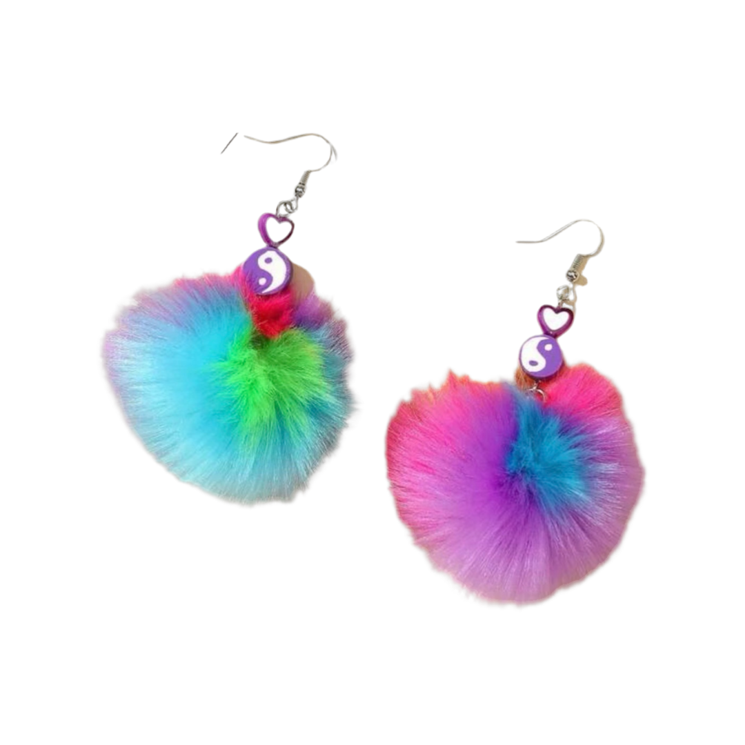 Earrings - Big Fluffy Pompom drops, Multicoloured Yinyang