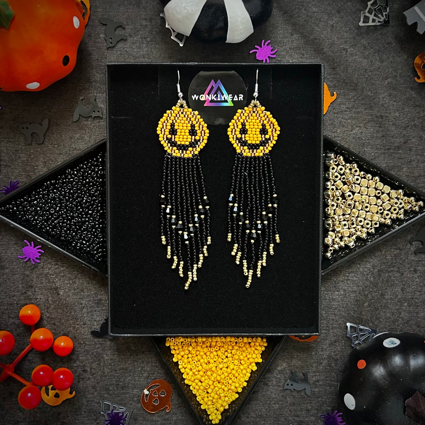 Beaded Earrings - Handmade Halloween Long Pumpkin