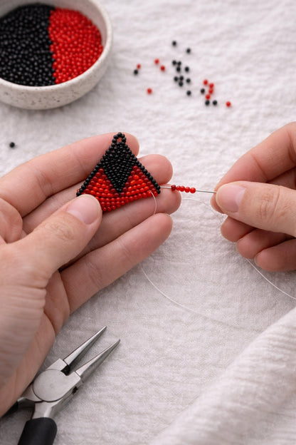 Black & Red Beaded Heart Earrings