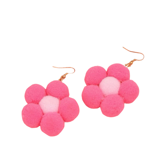 Earrings - Pompom daisy flower drops, Pink