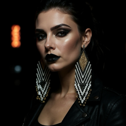 Black, Gold & White Beaded Fringe Earrings