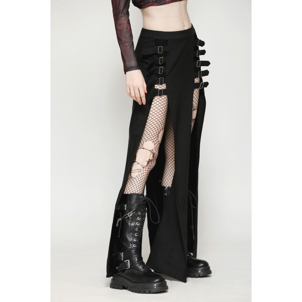Black Slit Maxi Skirt with Faux Leather Buckle Straps | Dark In Love
