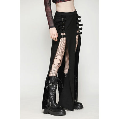 Black Slit Maxi Skirt with Faux Leather Buckle Straps | Dark In Love