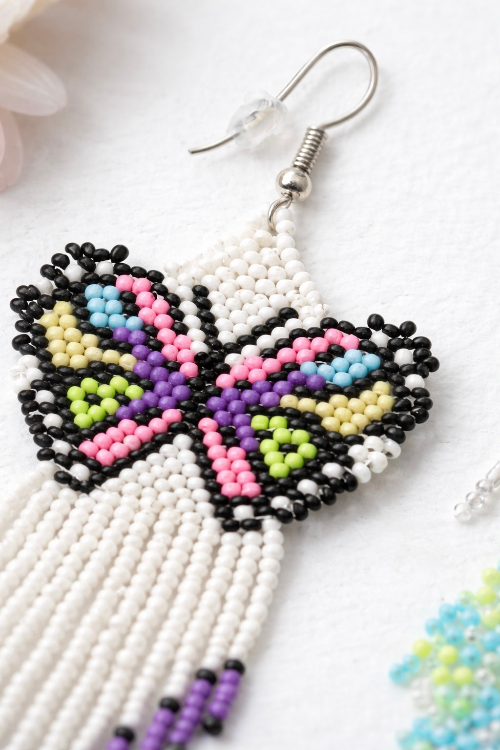 White & Purple Beaded Butterfly Earrings