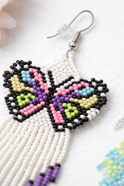 White & Purple Beaded Butterfly Earrings