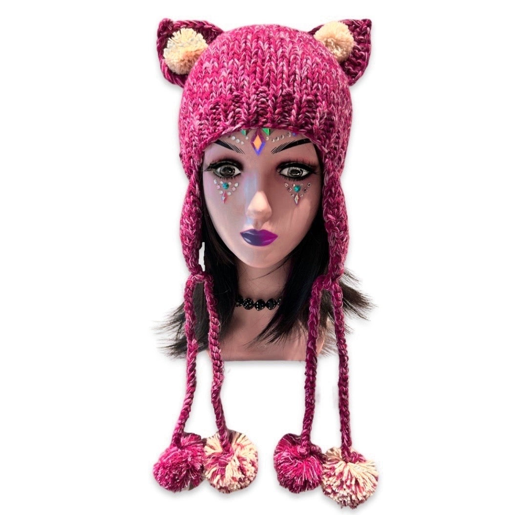 Handmade teddy bear ears knitted hat with 4 big pom-poms, plum