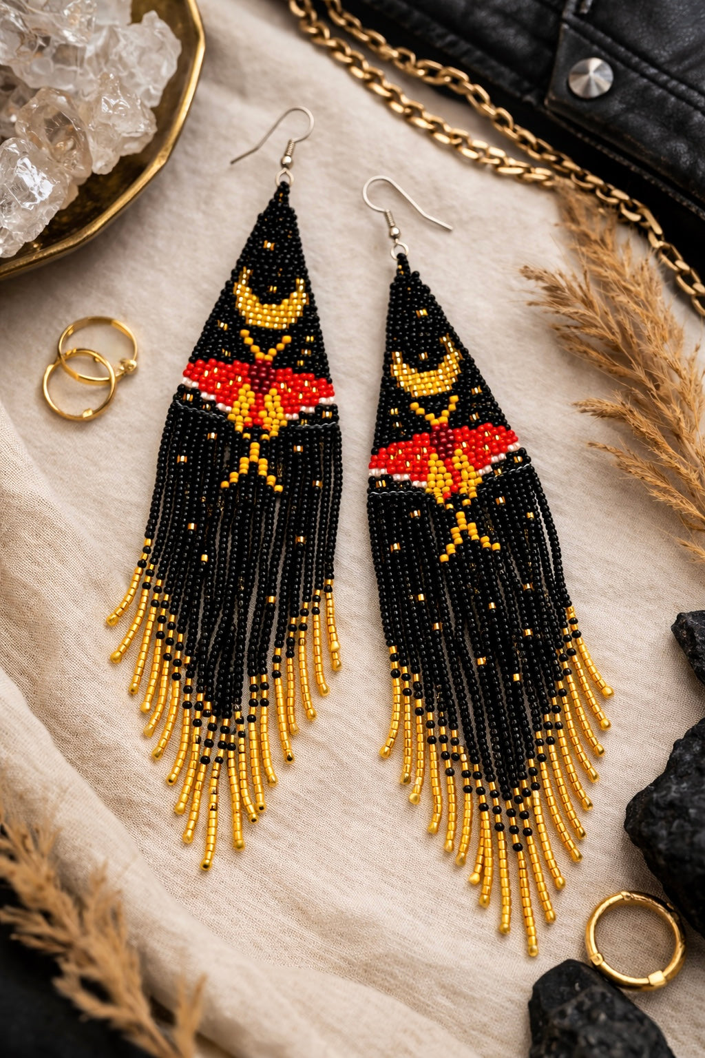 Long Beaded Moth Fringe Earrings