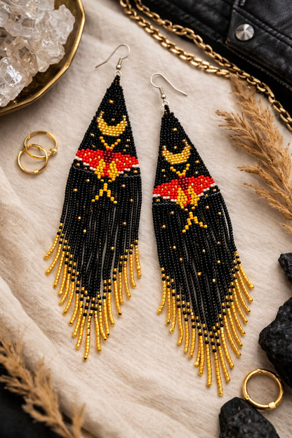 Long Beaded Moth Fringe Earrings