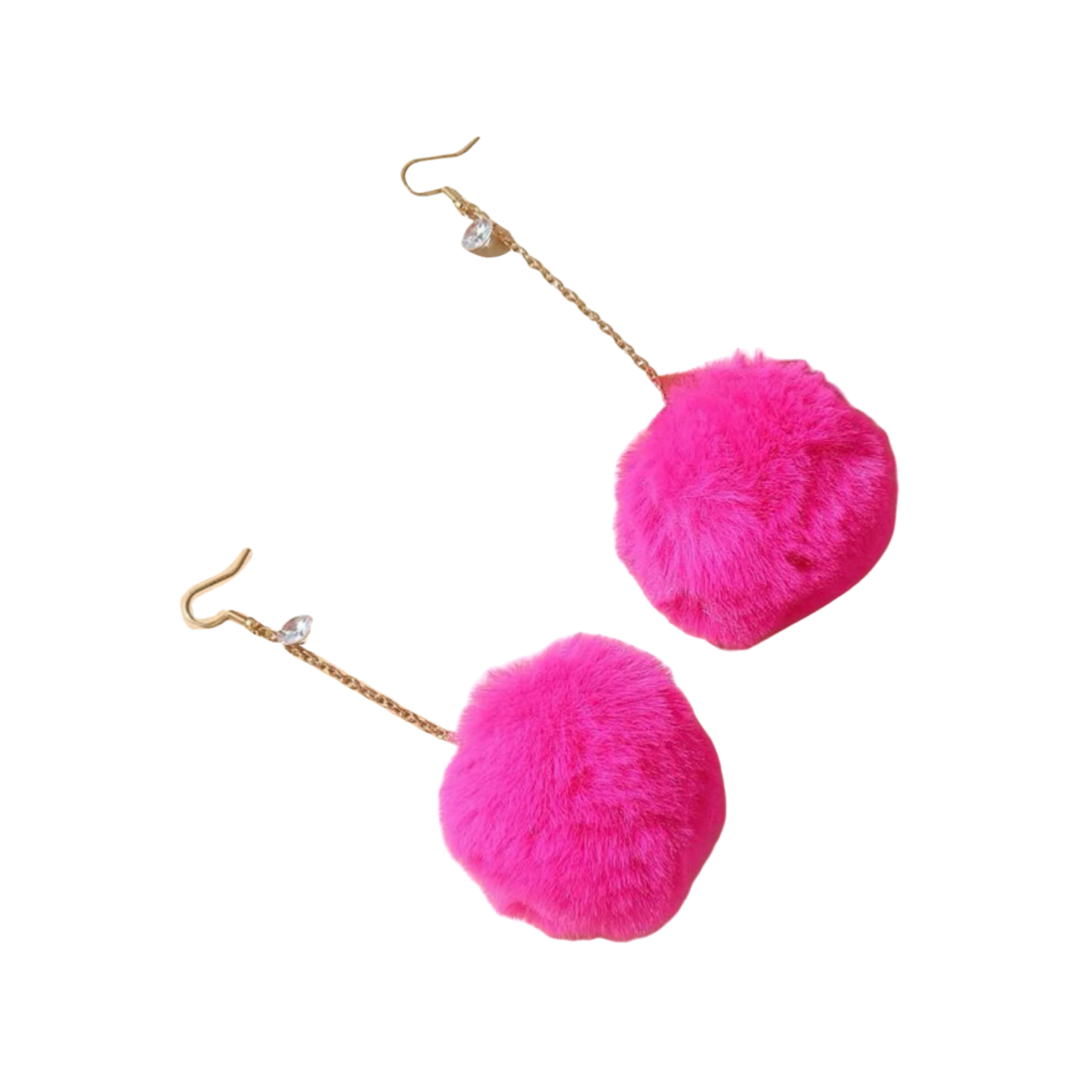 Earrings - Big Pompom drops, Hot Pink